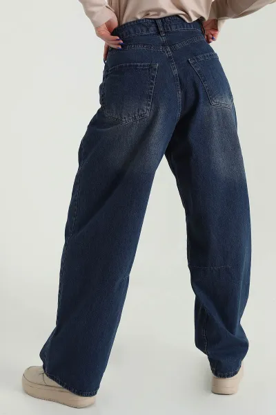 Lacivert Paça Pileli Baggy Kadın Kot Pantolon 427477