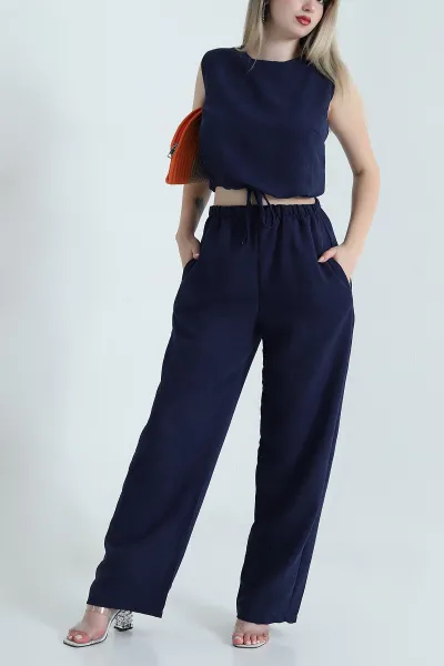 Lacivert Pantolon Bluz Keten Kadın İkili Takım 465869