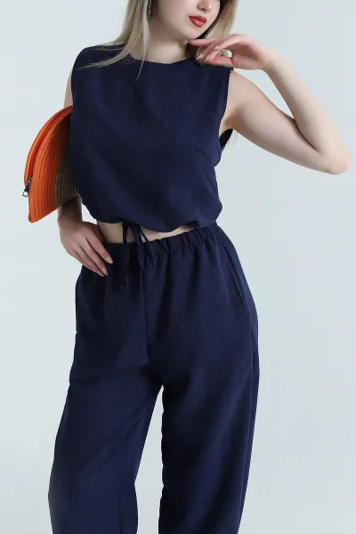 Lacivert Pantolon Bluz Keten Kadın İkili Takım 465869