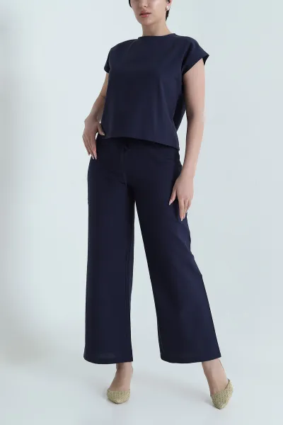 Lacivert Pantolon Bluz Keten Kadın İkili Takım 466178
