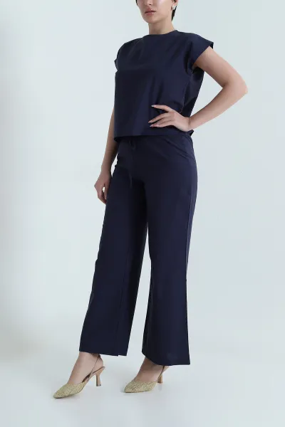 Lacivert Pantolon Bluz Keten Kadın İkili Takım 466178