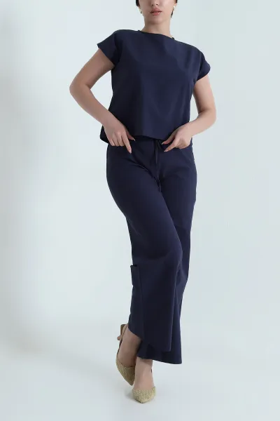 Lacivert Pantolon Bluz Keten Kadın İkili Takım 466178