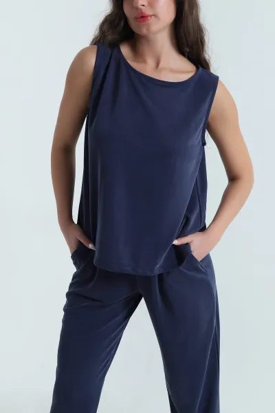 Lacivert Pantolon Bluz Pike Modal Kadın İkili Takım 469541