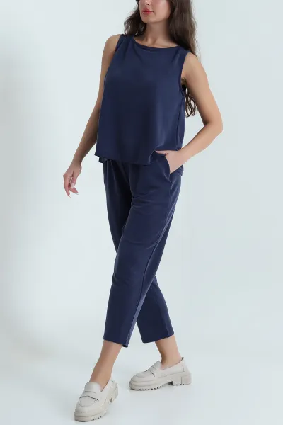 Lacivert Pantolon Bluz Pike Modal Kadın İkili Takım 469541