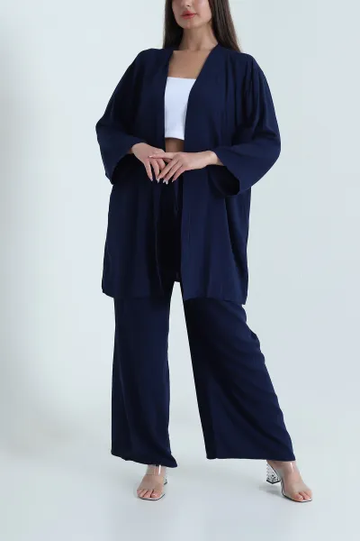 Lacivert Pantolon Kimono Dokuma Kadın İkili Takım 460349