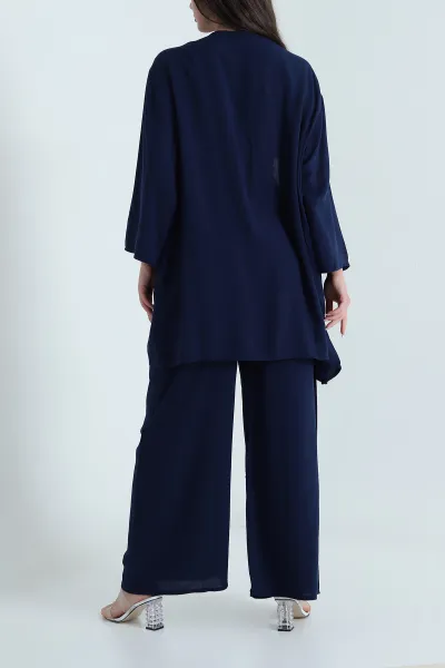 Lacivert Pantolon Kimono Dokuma Kadın İkili Takım 460349