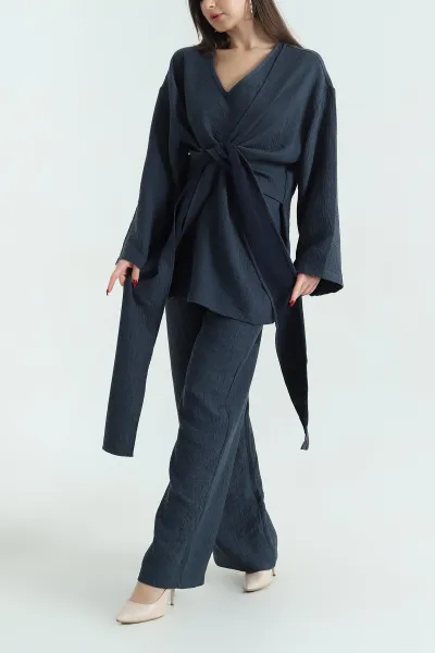 Lacivert Pantolon Kimono Keten Bayan İkili Takım 335073
