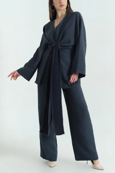 Lacivert Pantolon Kimono Keten Bayan İkili Takım 335073