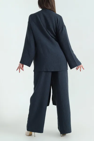 Lacivert Pantolon Kimono Keten Bayan İkili Takım 335073