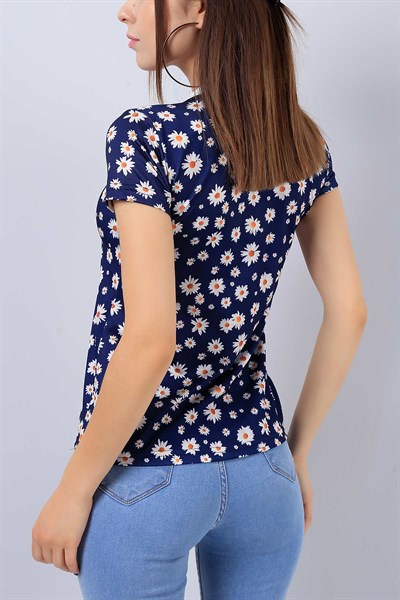 Lacivert Papatya Desen Polo Yaka Tişört 15213B