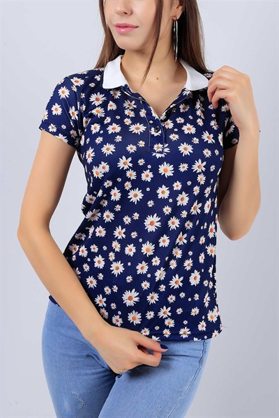 Lacivert Papatya Desen Polo Yaka Tişört 15213B
