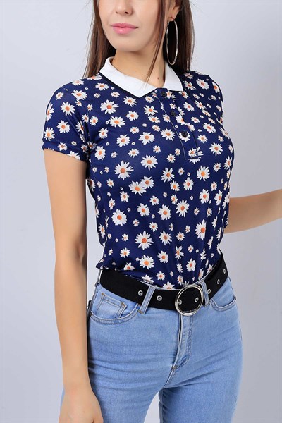 Lacivert Papatya Desen Polo Yaka Tişört 15213B