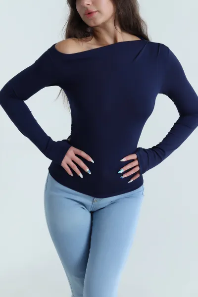 Lacivert Parmak Geçmeli Büzgülü Likralı Dalgıç Kadın Bluz 482657