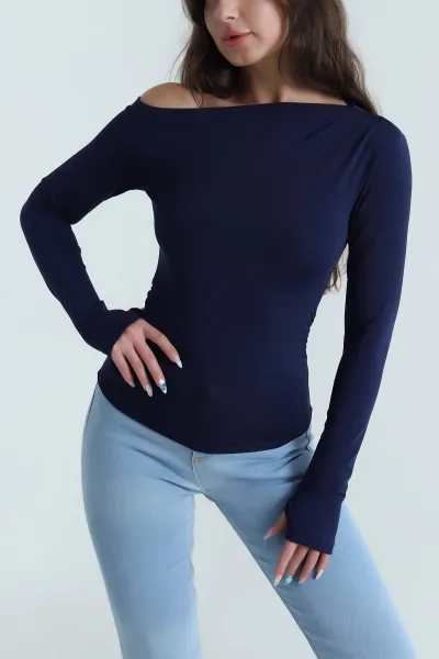Lacivert Parmak Geçmeli Büzgülü Likralı Dalgıç Kadın Bluz 482657