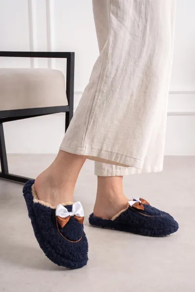 Lacivert Peluş Fiyonk Detaylı Kadın Ev Terliği 496683
