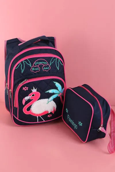 lacivert-pelus-flamingo-kabartma-desenli-beslenme-cantali-ikili-sirt-cantasi-seti-288990