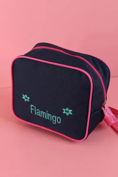 Lacivert Peluş Flamingo Kabartma Desenli Beslenme Çantalı İkili Sırt Çantası Seti 288990