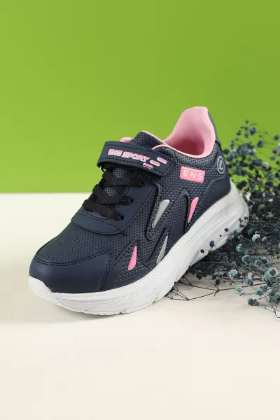 Lacivert Pembe (31-35 Filet) Baskılı Kalın Taban Cırtlı Kız Çocuk Spor Ayakkabı 228007