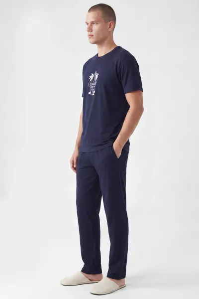 Lacivert Penye Kumaş Kısa Kollu Erkek Pijama Takımı 455799