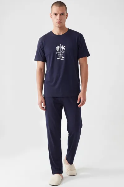 Lacivert Penye Kumaş Kısa Kollu Erkek Pijama Takımı 455799