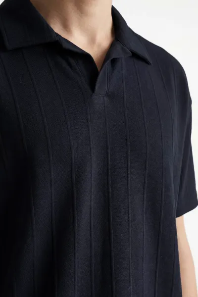Lacivert Pike Kumaş Oversize Polo Yaka Erkek Tişört 448947
