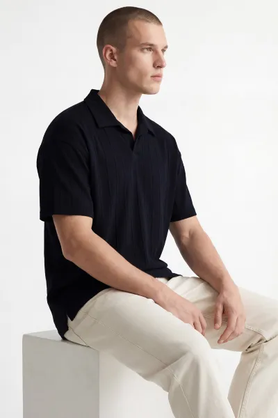 Lacivert Pike Kumaş Oversize Polo Yaka Erkek Tişört 448947