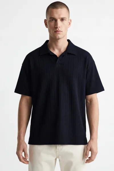 Lacivert Pike Kumaş Oversize Polo Yaka Erkek Tişört 448947