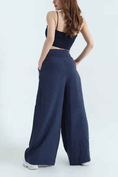 Lacivert Pileli Cepli Bayan Tencel Pantolon 337621