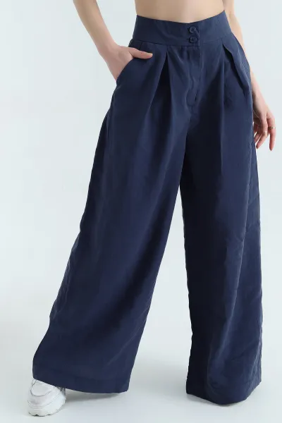 Lacivert Pileli Cepli Bayan Tencel Pantolon 337621