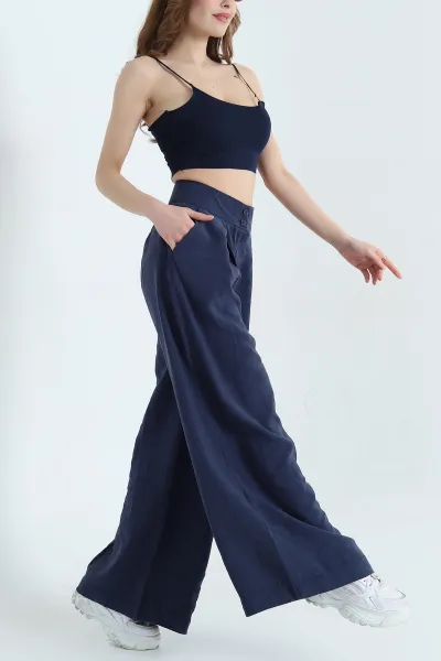 Lacivert Pileli Cepli Bayan Tencel Pantolon 337621