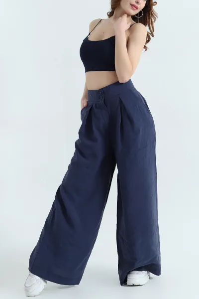 Lacivert Pileli Cepli Bayan Tencel Pantolon 337621