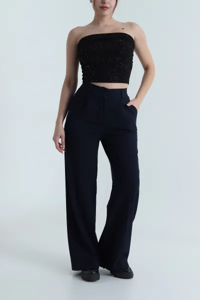 Lacivert Pileli Cepli Double Kadın Pantolon 486954