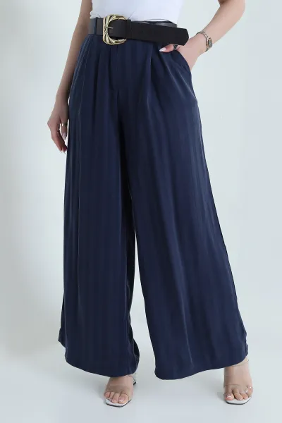 Lacivert Pileli Cepli Tencel Cupra Kadın Pantolon 456524