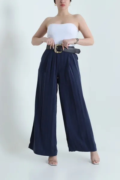 Lacivert Pileli Cepli Tencel Cupra Kadın Pantolon 456524