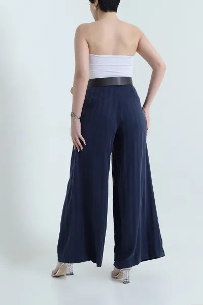 Lacivert Pileli Cepli Tencel Cupra Kadın Pantolon 456524