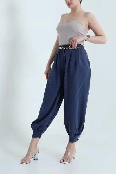 Lacivert Pileli Cepli Tencel Kadın Pantolon 456534