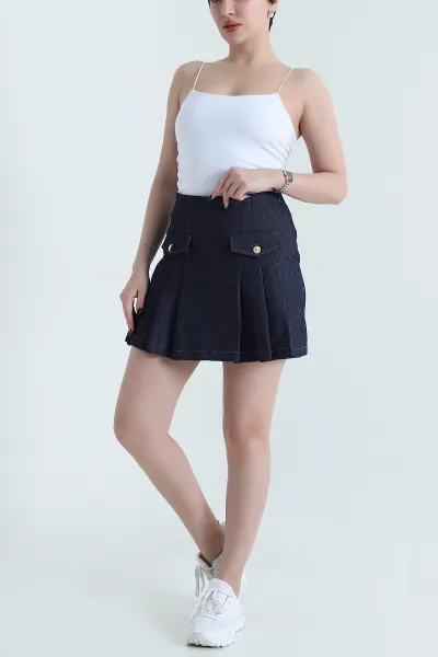 Lacivert Pileli Fermuarlı Kadın Denim Etek 452051