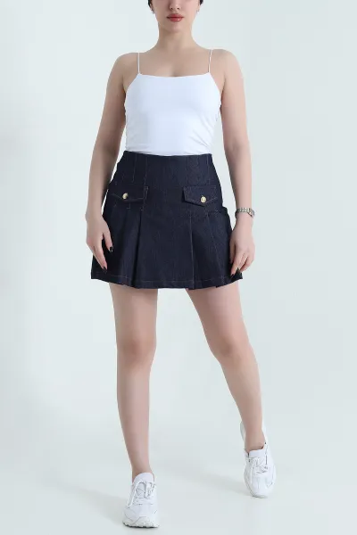 Lacivert Pileli Fermuarlı Kadın Denim Etek 452051