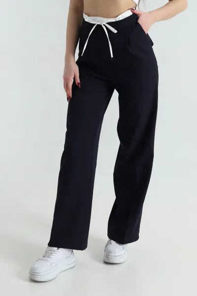 Lacivert Pileli Garnili Cep Detay Kadın Atlas Pantolon 417116