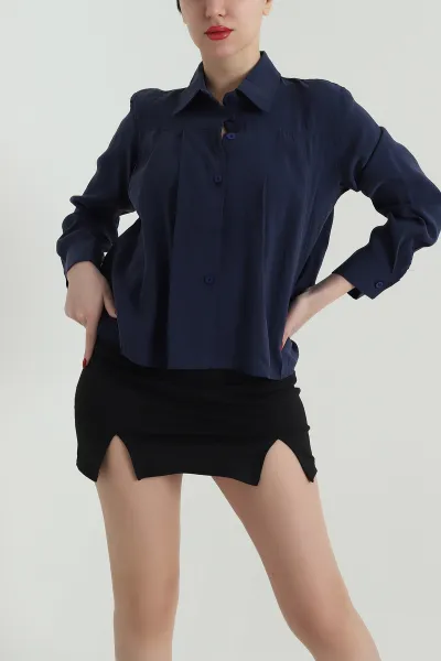 Lacivert Pileli Modal Kadın Gömlek 427337