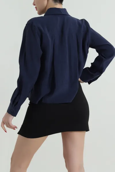 Lacivert Pileli Modal Kadın Gömlek 427337
