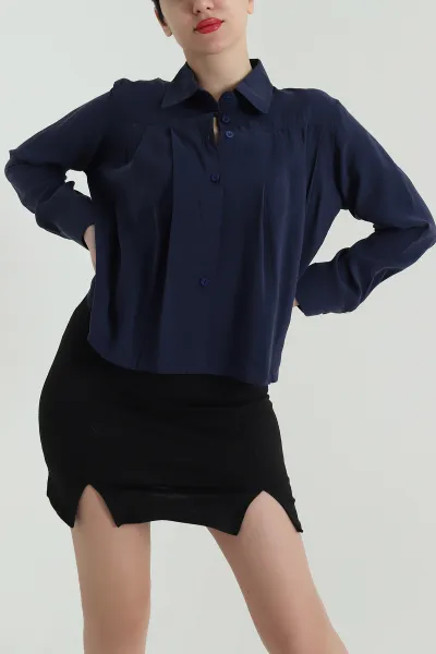 Lacivert Pileli Modal Kadın Gömlek 427337