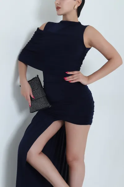 Lacivert Pileli Sandy Kadın Elbise 477696