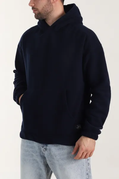 Lacivert Polar Kumaş Kapüşonlu Erkek Sweatshirt 408506