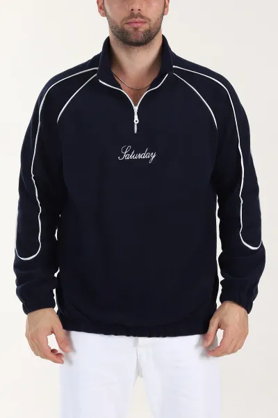 Lacivert Polar Kumaş Yarım Fermuarlı Yazı Detaylı Erkek Sweatshirt 408549