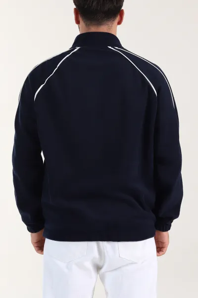 Lacivert Polar Kumaş Yarım Fermuarlı Yazı Detaylı Erkek Sweatshirt 408549