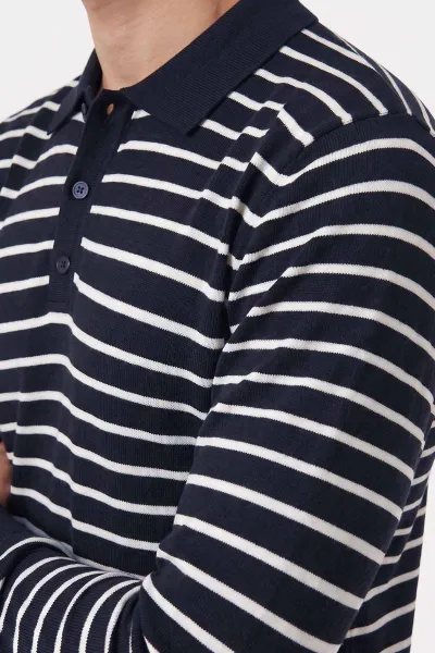 Lacivert Polo Yaka Çizgi Detaylı Düğmeli Erkek Triko Kazak 482770