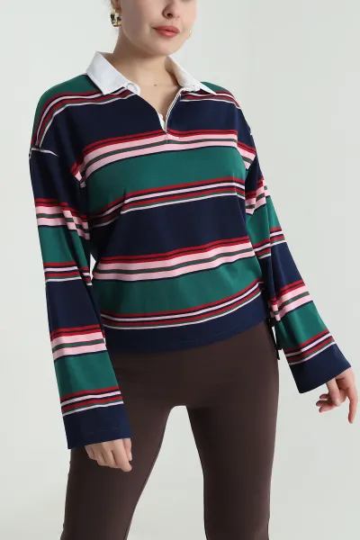 Lacivert Polo Yaka Çizgili Kadın Fermuarsız Sweat 493741