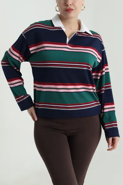 Lacivert Polo Yaka Çizgili Kadın Fermuarsız Sweat 493741