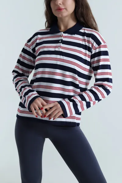Lacivert Polo Yaka Çizgili Kadın Viskon Bluz 489516